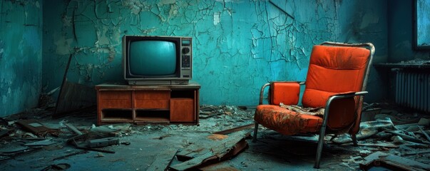 An abandoned room featuring a vintage television and a worn orange chair, surrounded by peeling blue walls and debris, evoking a sense of nostalgia and decay.