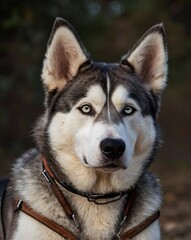 Fototapeta premium Husky with ears pricked up, listening attentively, expression of alertness. Listening dog.