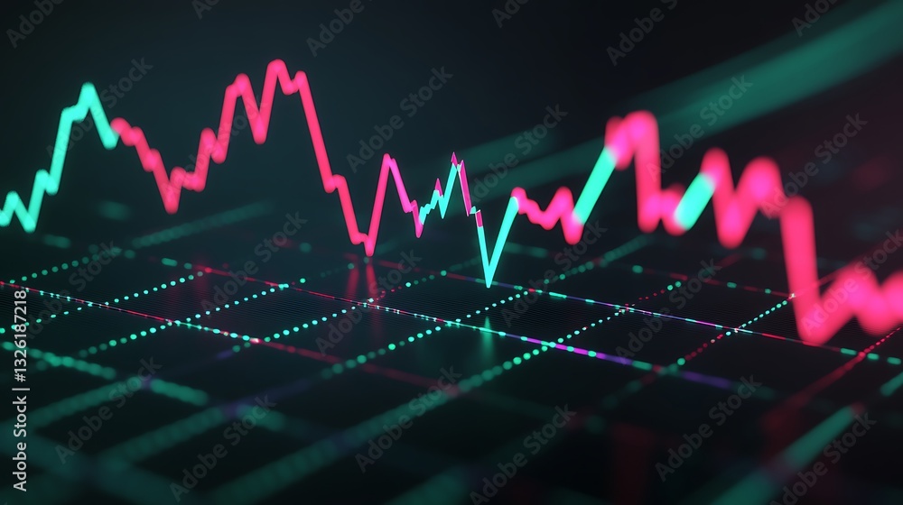 Poster colorful stock market data visualization with trend lines and graph patterns
