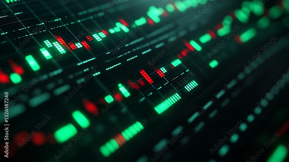 Poster colorful stock market data visualization with candlestick charts and digital graphics representation