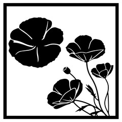 Elegant Black Poppy Silhouette Floral Arrangement Within Square Border, Minimalist Design on White Backdrop.