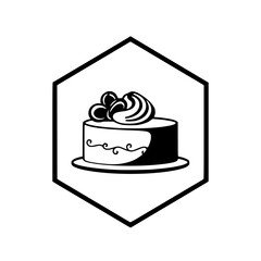 Black and white hexagonal logo featuring a round cake with elaborate frosting design and decorative swirls, set on a plate.