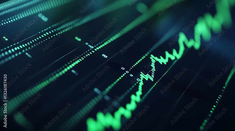 Poster data visualization of financial trends with glowing green line graph showcasing fluctuations and pat