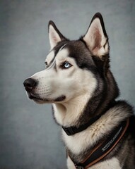 Husky with ears pricked up, listening attentively, expression of alertness. Listening dog.