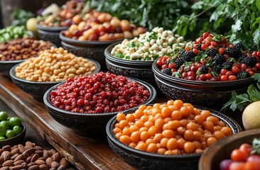 Obraz premium Colorful Assorted Fruits and Nuts in Decorative Bowls