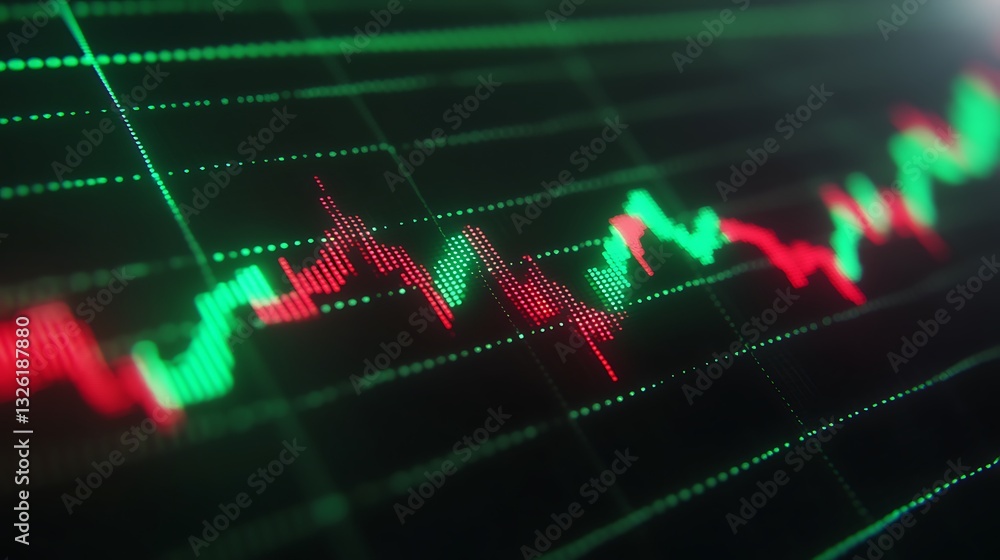 Poster detailed stock market chart with green and red candlestick patterns displaying price fluctuations an