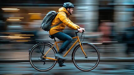 Man Riding Bicycle on Urban Street Surrounded by Colorful Buildings and Green Trees on a Sunny Day