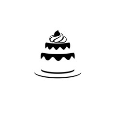 Minimalist Black and White Vector Illustration of a Two-Tiered Cake with Whipped Cream Topping on a Plate.
