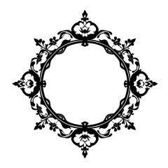Intricate black and white circular ornamental frame with floral and baroque details on a white backdrop.