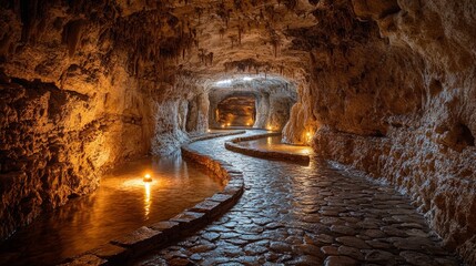 A quiet, empty cave with winding pathways and distant echoes of unseen creatures