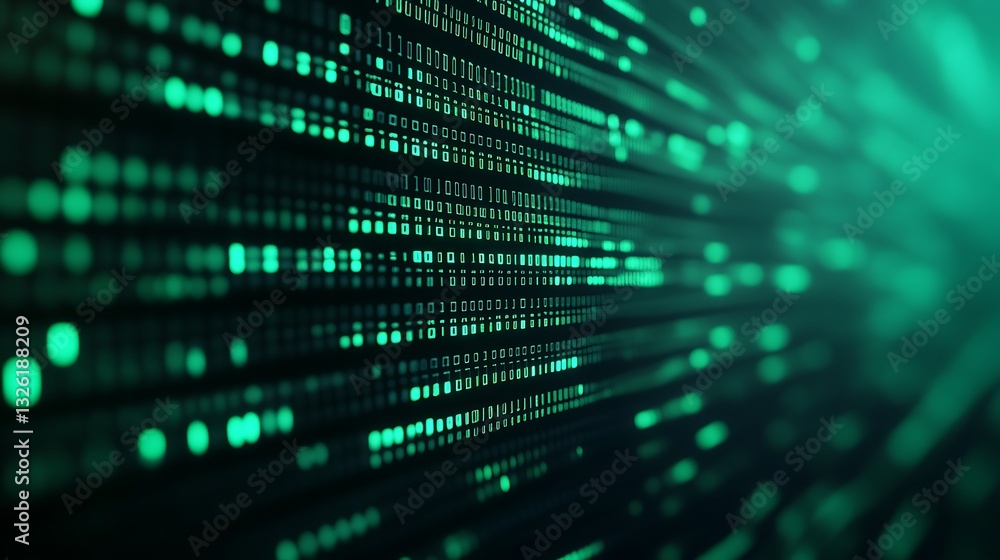 Poster digital data stream in green tones representing technology and information flow concept