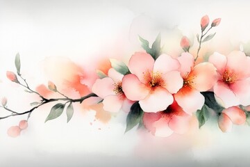 A dreamy watercolor depiction of peach blossoms on a branch, with warm tones of pink, orange, and green blending into one another
