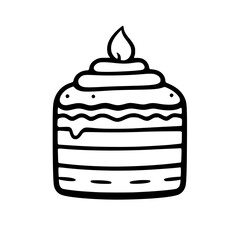 Simple, bold, black and white line art illustration of a tiered birthday cake with a single burning candle flame on top, complete with drip icing.