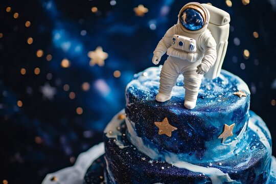 Delicious galaxy themed cake decorated with astronaut figurine, perfect for celebrating space exploration and birthdays