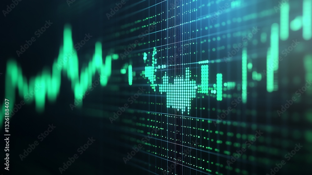 Poster digital data visualization with graphs and charts in green color scheme for financial analysis and t