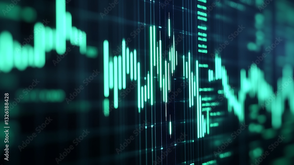 Poster digital data visualization with green analyzing graphs and frequencies on screen in modern technolog