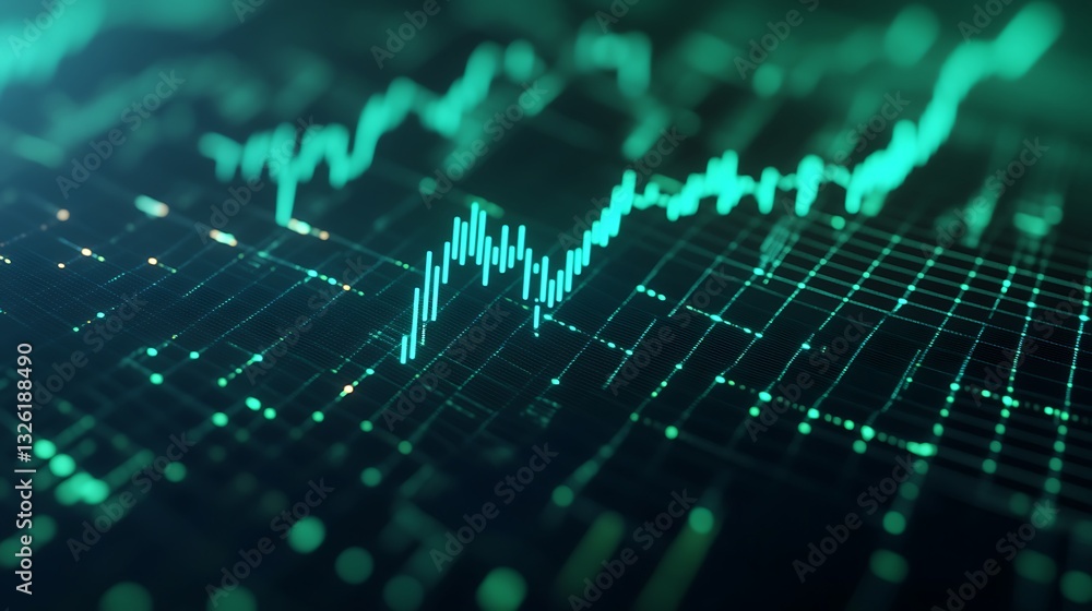 Poster digital data visualization with green lines and dots representing stock market trends and fluctuatio
