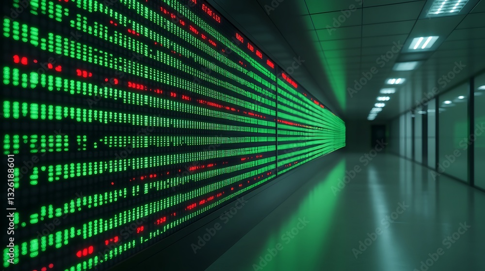Poster digital data wall with green and red lights in a modern technology environment