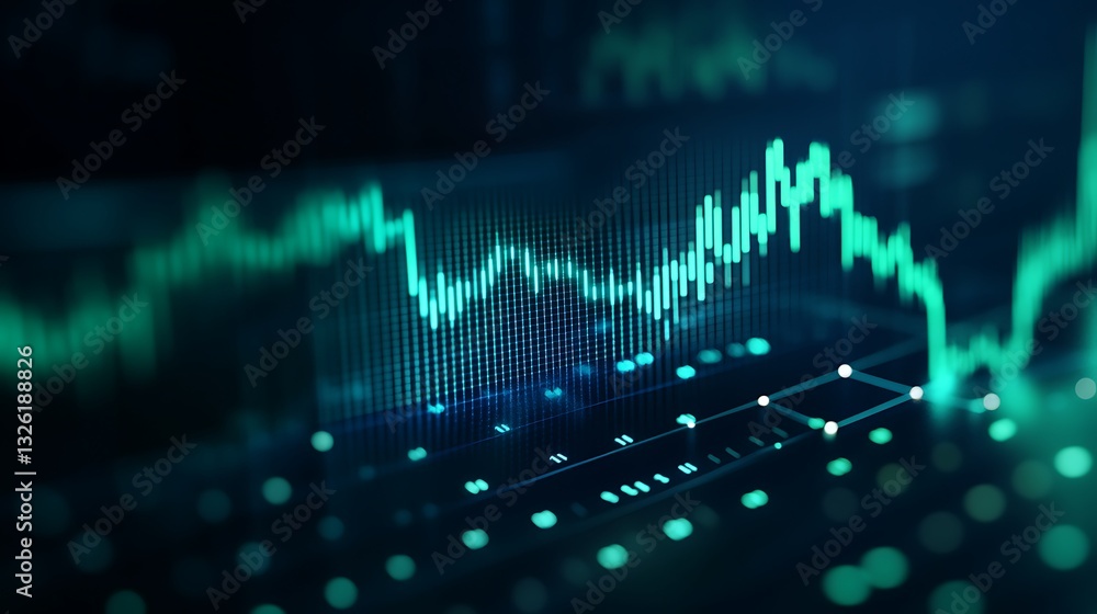 Poster digital financial chart with data visualization and abstract graphical elements in green tones
