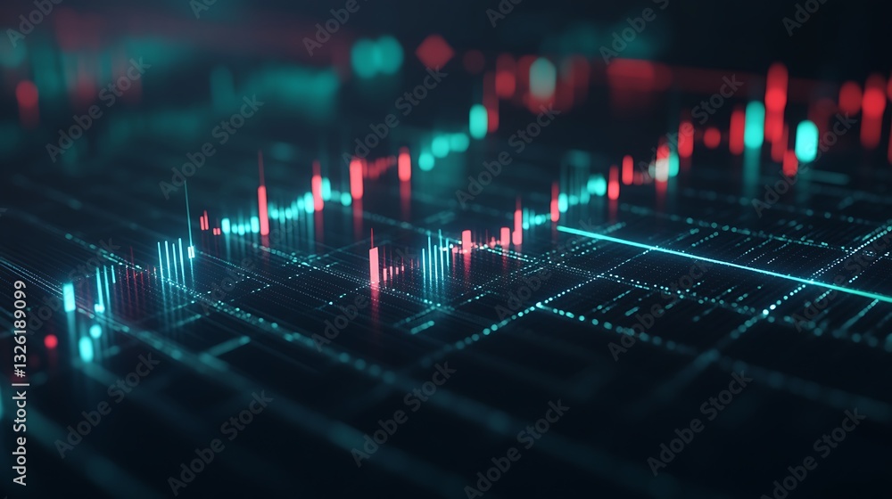 Poster digital financial data visualization with colorful charts and graphs representing market trends and 