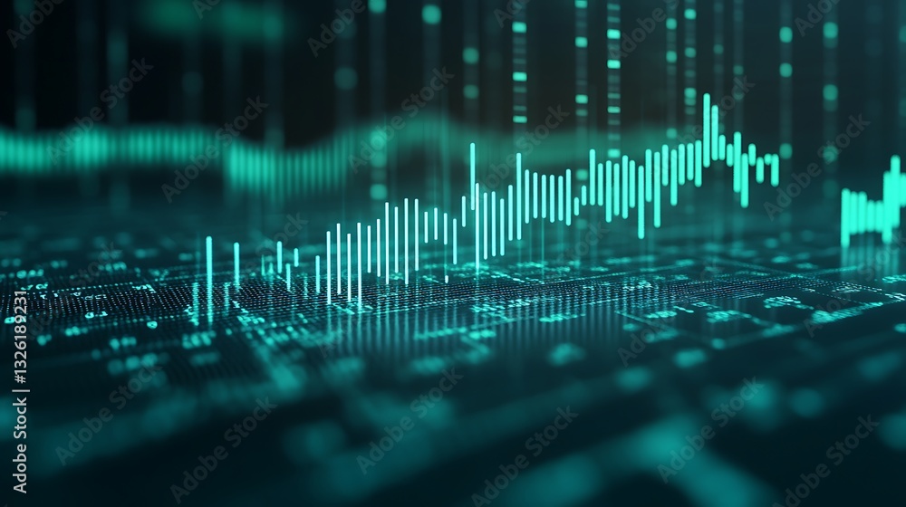 Poster digital financial data visualization with green and blue elements on a dark background