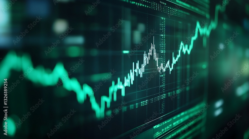 Poster digital financial data visualization with green graph and annotations on dark background for finance