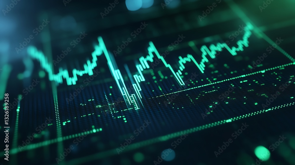 Poster digital financial data visualization with green graphs and charts on a blue background for business 