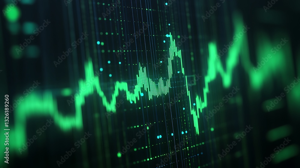 Poster digital financial data visualization with green wave pattern on a dark background for stock analysis