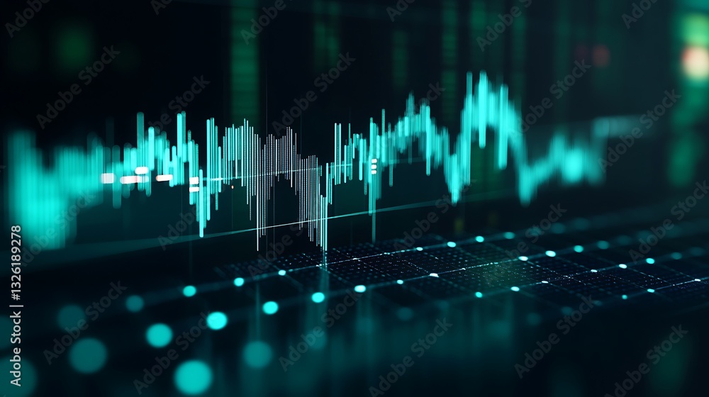 Poster digital financial data visualization with oscillating graph lines and digital currency signals in gr
