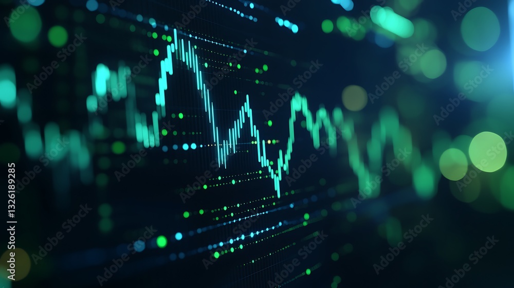 Poster digital financial graph with fluctuating lines and numbers representing market trends in green and b