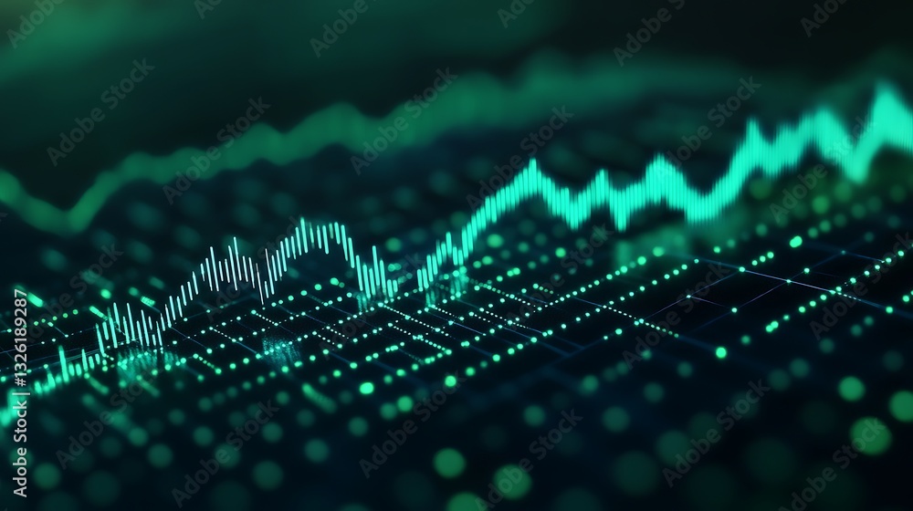 Poster digital financial graph with green lights representing stock market trends and data visualization