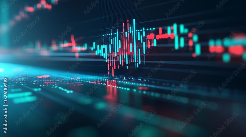 Poster digital financial graph with bright candlestick chart displaying market trends and data analysis ind