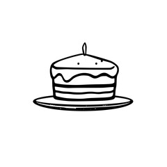 Simple and elegant black and white illustration of a layered cake with a single candle on a plate, celebrating a special occasion.