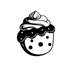 Vector illustration of a cupcake with frosting, topped with swirled cream, featuring a polka-dot design, presented in black and white, minimalist style.