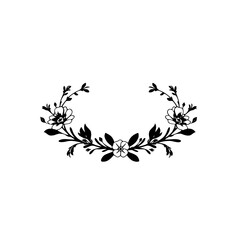 Elegant Black and White Floral Wreath: Symmetrical Design of Delicate Blooms and Foliage on White Background.