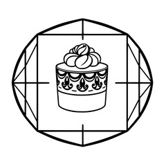 Elegant black and white illustration of a stylized cake with ornate decoration and coffee bean topping, encased within a geometric frame.