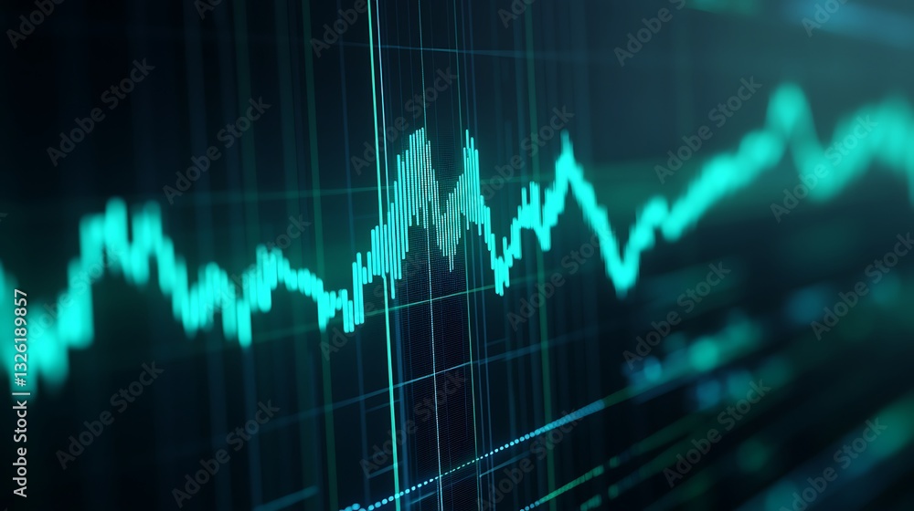 Poster digital stock market chart with blue and green line graph representing financial trends and data ana