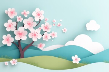 A flat 2D depiction of an orchard in bloom, with rows of blossoming trees and simplified clouds drawn on a white canvas