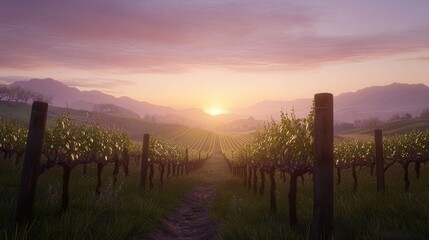 Serene Vineyard Sunset Rows of Vines at Golden Hour
