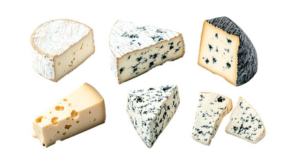 PNG Blue Cheese Set in Different Poses on Transparent Background for Culinary Illustration, Gourmet Food Branding, or Recipe Design