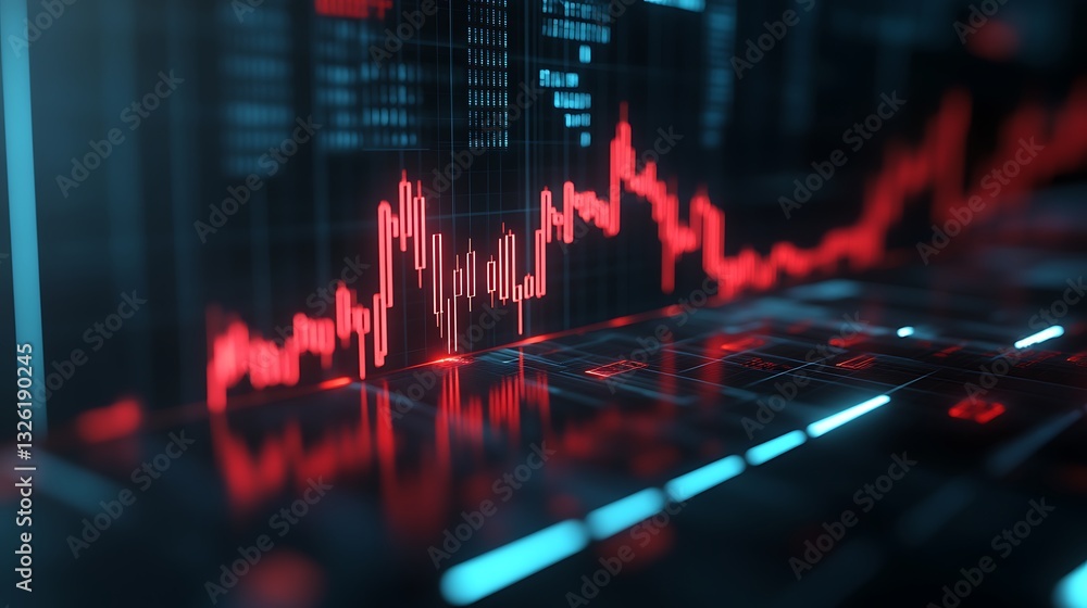 Poster digital stock market chart with red graph lines and abstract tech background for financial analysis