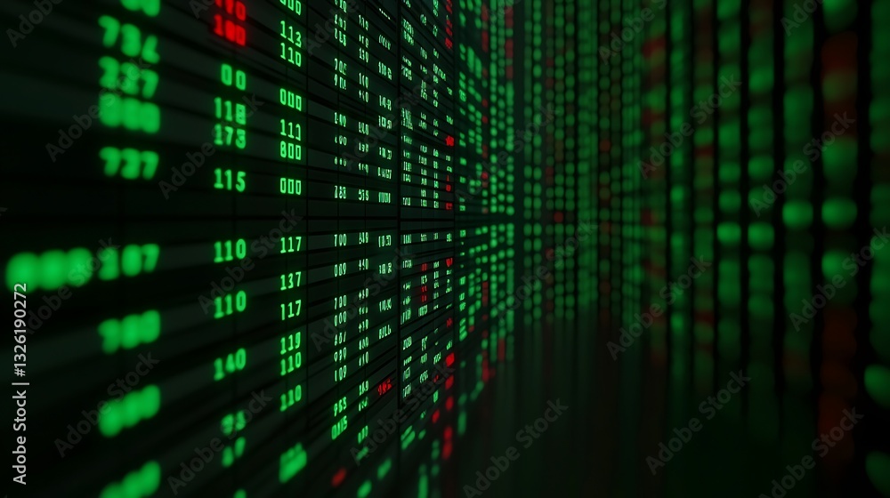 Poster digital stock market data displaying green and red figures on a dark background with a futuristic ae
