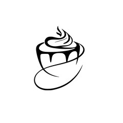 Minimalist Black and White Whipped Cream Cup, Dripping Chocolate, and Swirls - Logo Design, Isolated on White Background