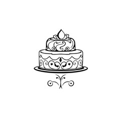Elegant Two-Tiered Cake with Ornate Swirls, Leaf-Like Topper, and Decorative Flourish in Monochromatic Black and White on a White Background.