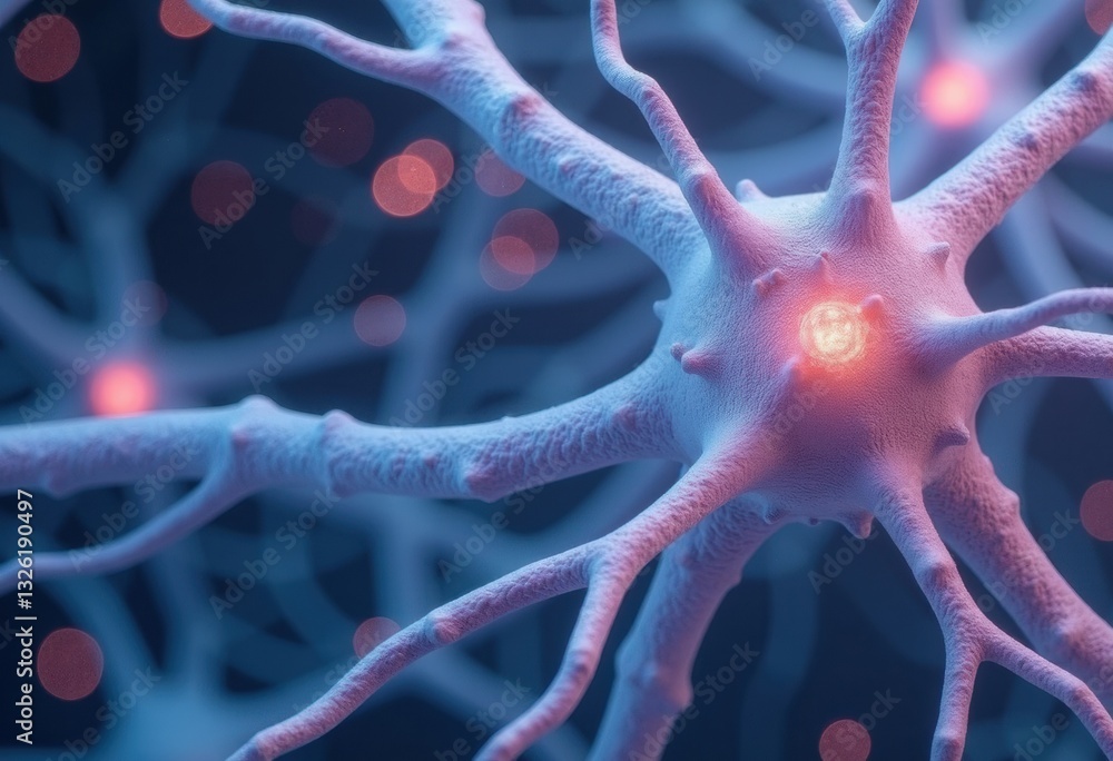 Poster close-up view of a neuron with glowing connections and intricate details