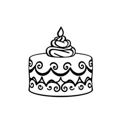 A minimalist line art depiction of a tiered birthday cake with ornate decorations and a swirl of frosting on top, isolated against a white background.