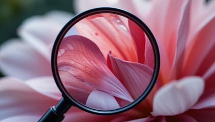 close up view of pink flower through magnifying glass, showcasing intricate details and textures
