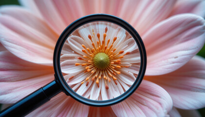 close up view of pink flower with magnifying glass highlighting its intricate details, showcasing beauty of nature