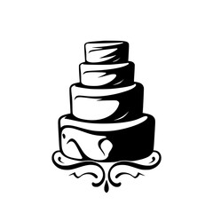 Elegant Black and White Tiered Cake with Decorative Base, Isolated on White Background, Ideal for Wedding Designs or Celebrations.