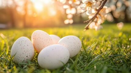 Fototapeta premium Spotted white Easter eggs on green lawn grass, flowering spring tree branch, sunlight, soft colors and tones, festive mood, easter holiday celebration.